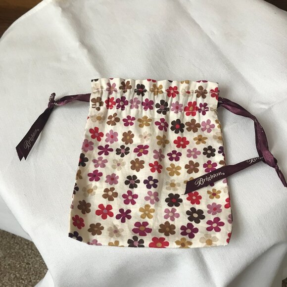 Brighton Ivory w/Colorful Rows of Flowers Jewelry Pouch w/Plum Logo Drawstring - Picture 2 of 5